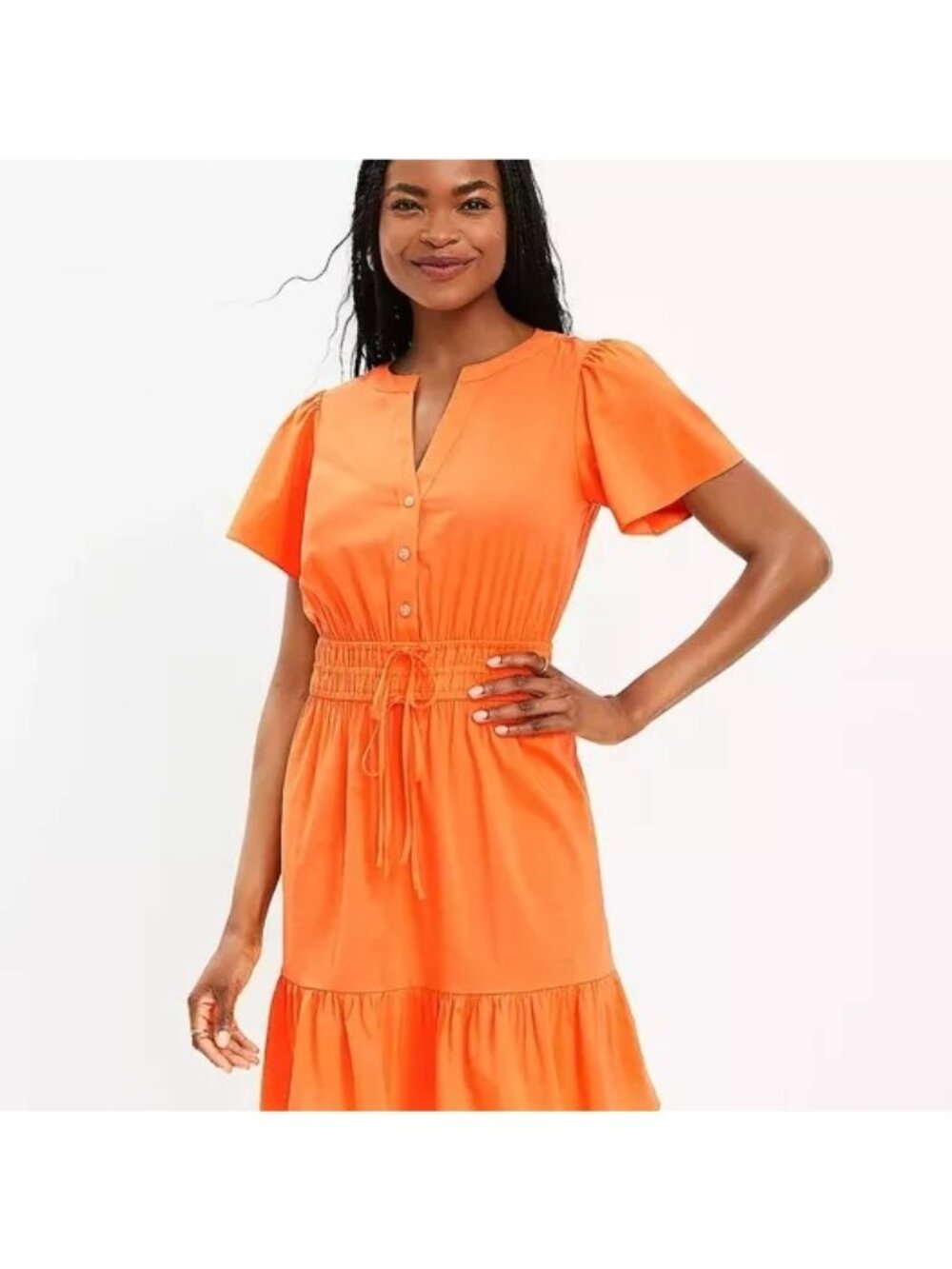 LOFT Mini Dress Small Button Front Drawstring Waist Short Sleeve Orange Resort